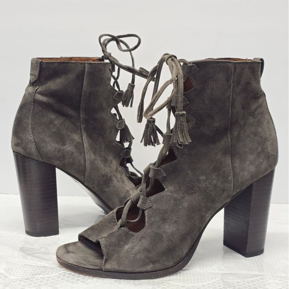 FRYE Booties Gabby Ghillie Heel Lace Up Suede Leather Boho Smoke Gray Grey 9.5